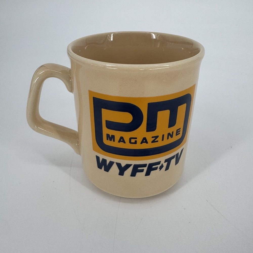 Retro 1980s TV News Mug PM Magazine WYFF-TV Prop Kitsch‎ MCM Tan Ceramic